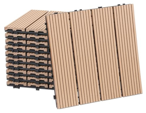 Vkechh WPC terrassplattor 30 x 30 cm i teakfärg, 33 stycken (3 m²) med klicksystem, vattenlämpliga träplattor för balkong och terrass, lätt att lägga (WPC klickkakel)