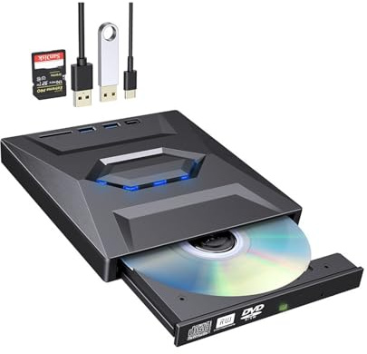 Ultratunn extern DVD-enhet USB 3.0 & Type-C, 7-i-1 optisk brännare med SD-kortläsare, Bärbar CD/DVD-spelare for bärbar dator, stationär, PC, Mac, Linux