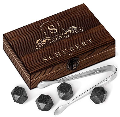 Maverton Whisky Steine Set - in Holzbox mit Gravur - 6 Eiswürfel + Zange + Velourbeutel - wiederverwendbar - aus Granit - Geschenk für Männer - Monogramm