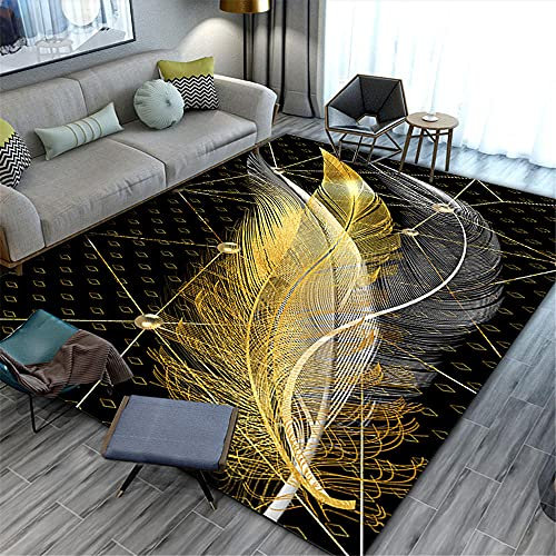 Schwarz Küche Teppich Modernes minimalistisches geometrisches abstraktes Gold-Feder-Muster, wasserkonditionierter Wohnzimmersalon dekorativer Teppich wohnzimmerteppich flurteppich Pflegeleich80x200CM
