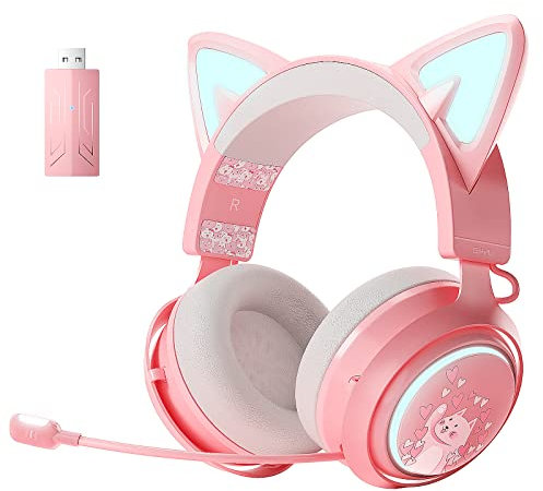 Somic Écouteurs d'oreille de Chat, Casque de Jeu sans Fil 2,4 GHz pour PS4/5, PC, Casque Bluetooth pour Smartphone, Micro rétractable, Son Surround 7.1, Joli Casque de Jeu d'oreille de Chat
