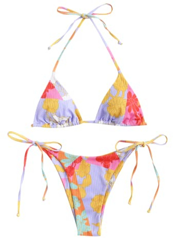 ZAFUL Womens Printed Triangle Bikinis 2 Piece Halter Bikini Sets High Cut Bathing Suit Side Tie Swimsuits Purplr Floral S