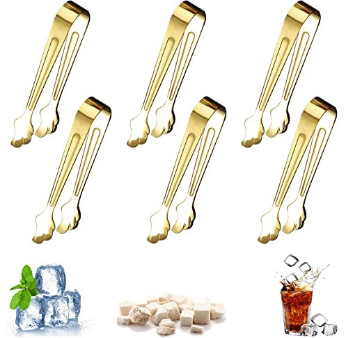 WUBAYI 6 pinze per zucchero ghiacciato in acciaio inox, pinze per dolci, pinze per il ghiaccio, piccole pinze da cucina, mini pinze da portata ispessite, bevande e caffè, cubi da cucina (oro)