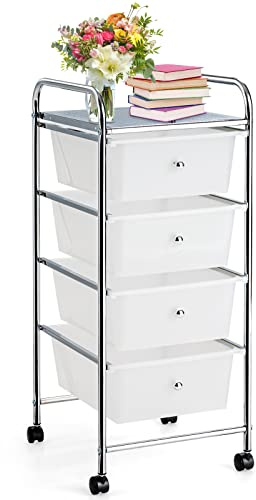 GIANTEX Förvaringsvagn med 4 avtagbara lådor i plast, rullförvaringstorn i metallram, rullbord organisatör för kontor, sovrum, badrum (transparent)