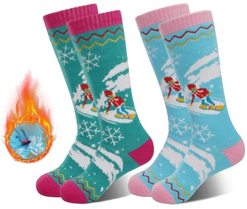 HYCLES Kinder Ski Socken für Jungen Mädchen, 2-Paar Thermosocken bunte warme Ski Socken für Kinder, weiche atmungsaktive Winter Outdoor Socke für Skifahren Skaten Snowboarden