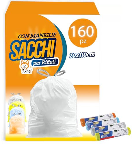 Akitaink - 160 Sacchi Spazzatura da 70 x 110 cm - 110 litri, Ideali per Raccolta Differenziata, Manici Incorporati, Colorati - 16 Confezioni da 10 Sacchi
