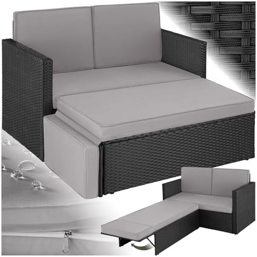 tectake® Divano Lounge in Rattan Corfù, Componibile, Pouf con Sostegno Pieghevole, Cuscini Spessi, Telaio in Acciaio Verniciato, Alta Qualità, Comfort Superiore - Nero/Grigio
