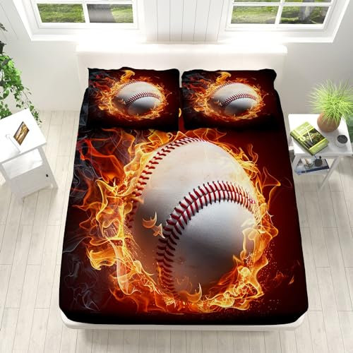 Sportthema-Baseballflammen Dunkelrot Design Spannbettlaken 140x200cm Weiche Mikrofaser Boxspringbett Bettlaken, Dekorativer Stoff Spannbetttuch, Rund-um Elastischem Gummizug, für Matratzen von 5-30 cm