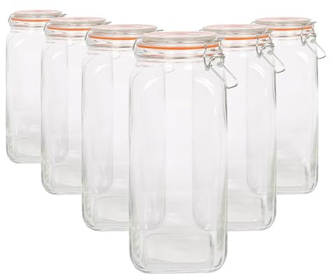Argon Tableware 2L Square Glass Jars with Clip-top Lids - 6pc Airtight Kitchen Mason Jar Food Storage Preserving Container for Pickling, Chutney, Jam, Coffee, Oats