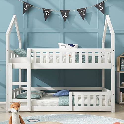 Merax Wooden Bunk Beds for Kids, 3FT Loft Bed with Ladder and Guard Rail, Single Bed with Slatted Frame, Space-Saving Kids Bed Treehouse Canopy Design, White, 90x190 cm (No Mattress)