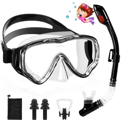 Snorkelset för barn, HIKOTEY torr snorkelset barn anti-dimma panorama, anti-läcka dykmask, torr snorkel med vattentäta öronproppar, snorklingsset för pojkar (4–12 år) – svart