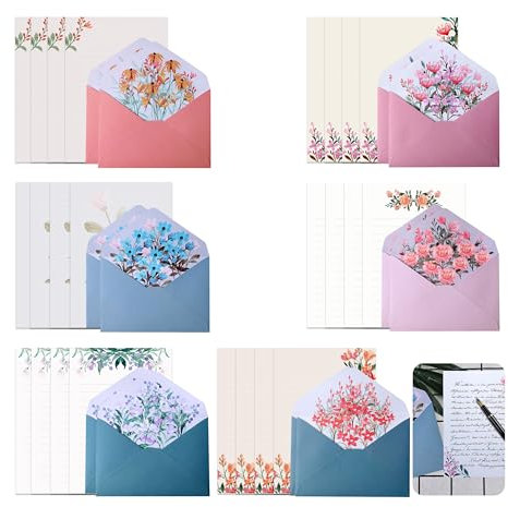 Megcdtr Briefpapier mit Umschlag Set, 36 Stück Briefumschlag Briefpapier Set, 24 Schreibpapier mit 12 Umschläge, Briefpapier-Set für Büro Zuhause Schule Geburtstag Einladungen (6 Styles)