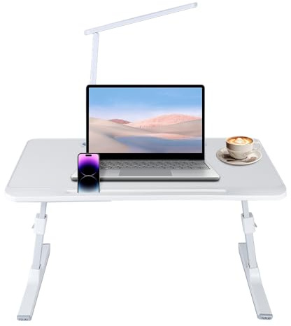 Sängbord, justerbar höjd (26–39 cm), hopfällbart laptopbord, för soffa, studier, läsning och skrivning, för bärbar dator, soffa/sängbricka (60 x 40 x 27–40 cm-vit)