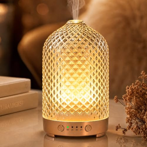Essential Oil Diffuser Electric Aromatherapy Oil Diffuser 200ml Grid Glass Aroma Diffusers with Auto Shut-Off, 7 LED Lights & Ultrasonic Quiet Operation for Home Office Sleep Gifts for Women Mom