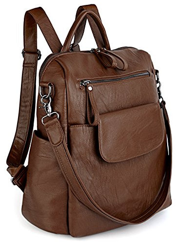UTO Rucksack Damen Elegant mit Schultergurt Modischer Multifunktionsrucksack Schultertasche Herren PU Leder Backpack Kompartiment Reißverschluss Umhängetasche Schule Schulrucksack Handtasche Braun