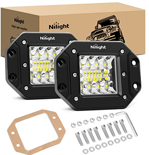 Nilight 2PCS 42W Flush Mount LED Light Pods Spot Flood Combo Backup Reverse Driving Headlamp Mount on Bumper Grille for 4x4 Offroad Truck SUV