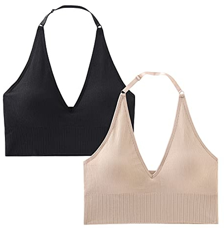 INIBUD Halter Bra for Women Longline Sports Bra Wireless Seamless Padded Backless Bralette with Adjustable Strap(S)