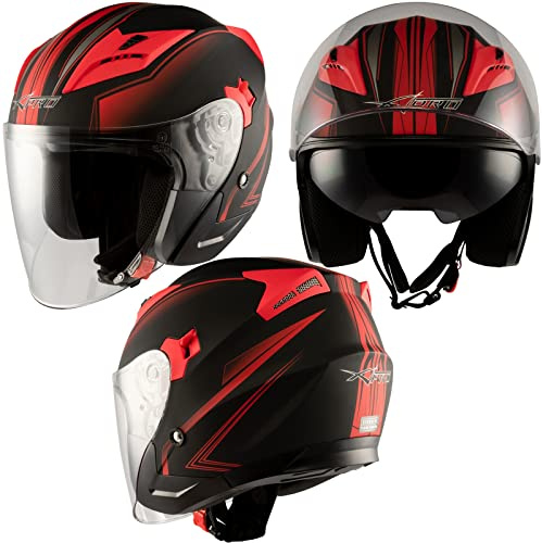 Doppeltvisier Jet Motorradhelm City Zertifikat ECE 22-06 Mattt Schwarz Rot L