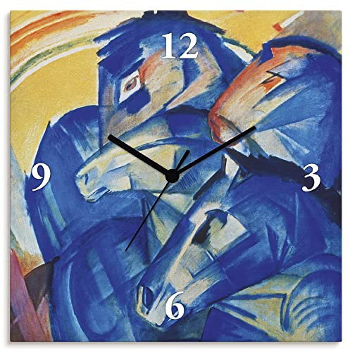 ARTLAND Wanddeko Wanduhr ohne Tickgeräusche Leinwand Quarzkuhr 30x30 cm Quadratisch Lautlos Turm der blauen Pferde Franz Marc alte Meister T7IL