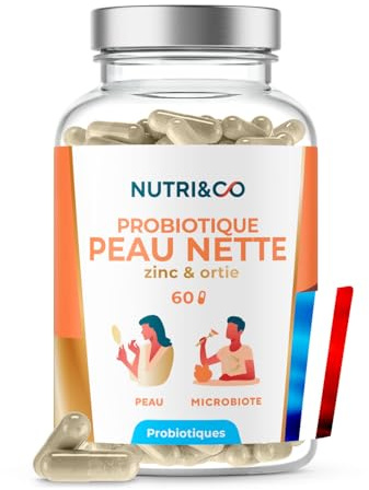 NUTRI & CO Probiotique Peau Nette - Cible Imperfections & Régule la production de Sébum - Zinc Bisglycinate + Ortie + Probiotiques Brevetées Axe Microbiote-Peau - 60 gélules Vegan Fabriqué en France