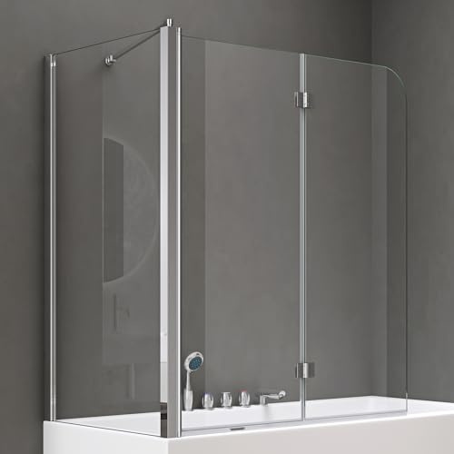 doporro Parete Doccia Sopravasca Angolare con 2 Ante Pieghevoli 120x140 cm e Parete Laterale 75 cm, Vetro Temperato Trasparente 6 mm Anticalcare con Barra Stabilizzatrice Cortona113
