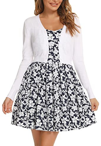 Yukiuiny Damen Bolero Jäckchen Elegante Kurze Langarm Trachten Strickjacke zum Kleid Weich Cardigan für Herbst,Weiß,M