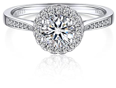 MomentWish Verlobungsring Damen Silber, Geschenk Frau zum Valentinstag, 1 Karat Moissainte Ring frauen Silber 925 Halo Jahrestag Geschenk für sie Freundin mit Geschenkbox-Größe53