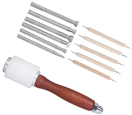 Läderstämplingsverktyg, 12 st handgjorda DIY-läderhantverkssats med hammare, for sadelmakeri, reparbeteende, bältesgravering och läderhantverk
