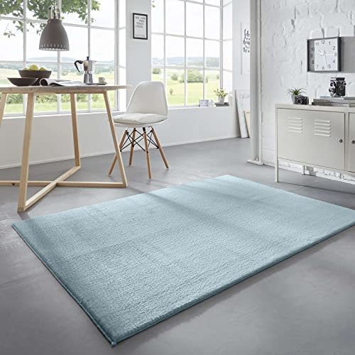 Taracarpet Waschbarer Flauschiger Uni Kurzflor Teppich, Anti-Rutsch, Felloptik, Super Soft Hellblau 200x290 cm