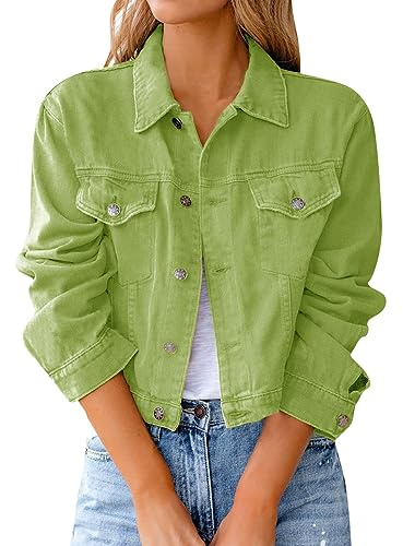 L9WEI - Chaquetas de mujer, chaquetas de mezclilla de manga larga para mujer, chaqueta de otoño con bolsillo, para niñas, chaqueta ligera de entretiempo, moda de calle, verde, S