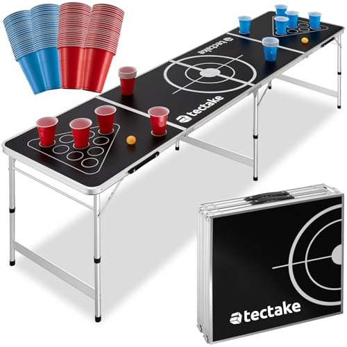 tectake Table de Beer Pong Pliable et Transportable, Structure en Aluminium, Jeux Extérieur Adulte, Jeux à Boire, 6 Balles Ping Pong et 100 gobelets Inclus, Jeu Soirée, Jeu Apéro