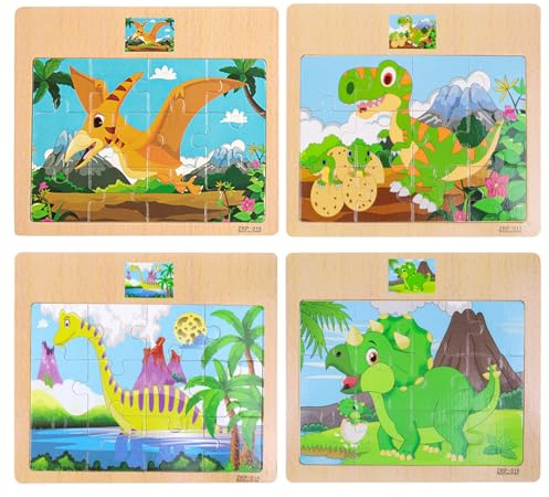 ACQUWISTACH 12 Pieces Colourful Wooden Dinosaur Puzzle Educational Wooden Puzzle Set for 3-5 Years(4 Puzzles)