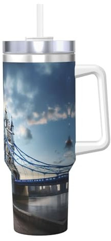 Historic Old Tower Bridge London - Borraccia termica a doppia parete in acciaio inox, con manico e coperchio con cannuccia, 1184 ml