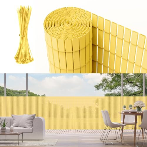 Canisse Brise Vue en PVC Résistante aux UV et aux Intempéries fixation avec colliers de serrage inclus, 193x300cm, Renforcée avec 3 Lattes Clôture d'Intimité pour Jardin, Balcon et Piscine, Bambou