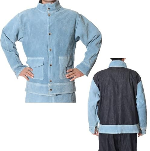 Giacca da saldatura in pelle, grembiule da saldatura resistente con maniche, giacca resistente al calore e alla fiamma, per saldatori, lavoratori forestali, fabbri, blu, XL
