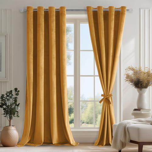 DWCN Cortinas De Salón De Amarillo Mostaza De Terciopelo, Juego De 2, H280 X 140 cm, Cortinas De Terciopelo Suave con Lazos para Cortinas, Cortinas Pesadas Opacas con Ojales para Protección contra El
