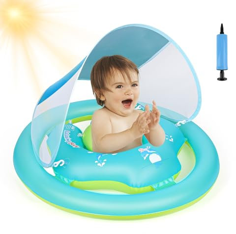 Gerbala Flotadores para Bebés con Sombrilla Upf50+, Flotador Bebe Inflable con Asiento de Seguridad Ajustable, Doble Airbag Anillo de Natación para Bebé 6-36 Meses