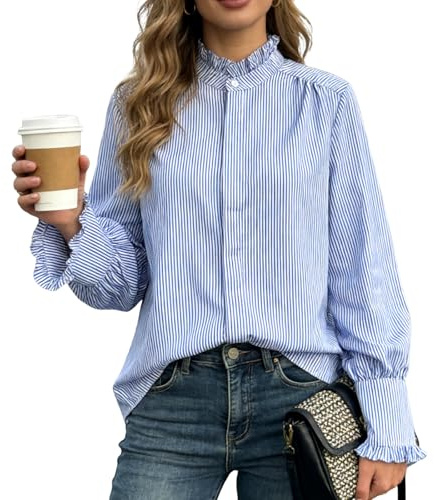 BEYINCUTE Womens Button up Shirts Ruffle Collar Blouse Classic Striped Blue Blouse Striped Long Sleeve Shirt Business Tops