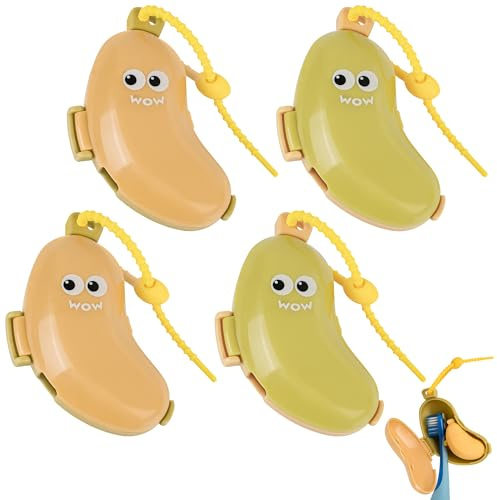 Linkidea Confezione da 4 coperture da viaggio per spazzolino da denti con dispenser di dentifricio, protezione portatile per la testa dello spazzolino da denti, tappo in silicone a forma di banana