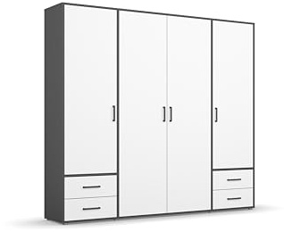 Rauch Möbel Voyager, Kleiderschrank für Schlafzimmer, Kinderzimmer, Jugendzimmer, Flur, 4-türig, 4 Schubladen, mit Zubehör Premium, Farbe Weiß/Grau metallic, Schwarz, Breite 187cm