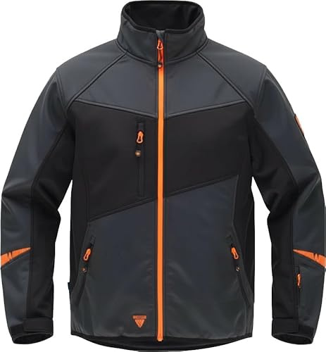 WORKTEAM Chaqueta Workshell Hombre, Corta Vientos, Repelente al Agua y Resistente al Desgarro, Interior Térmico Transpirable con Bolsillos Cremallera, Softshell Gris oscuro+Negro+Naranja S