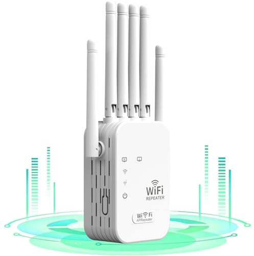 Répéteur WiFi Puissant 1200Mbps, Amplificateur WiFi avec 6 Antennes, 2.4 & 5GHz WiFi Extender WiFi Booster, Port Ethernet Gigabit, Compatible avec Toutes Les Box Internet