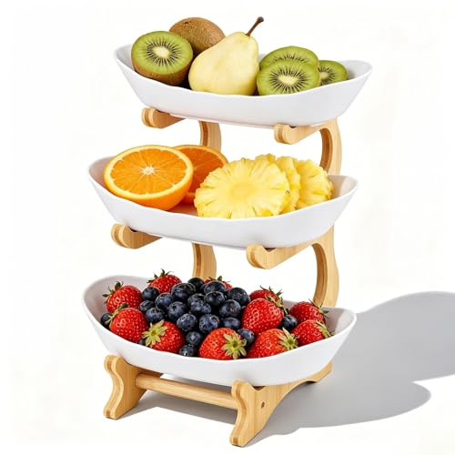 Zencantorous Cestino per Frutta in Plastica a 3 Livelli Piano, Portafrutta a Ripiani con Supporto in Bambù, Cesto di Frutta, Stabile e Senza Scuotere, per Frutta, Torte, Snack e Dolci, Bianco