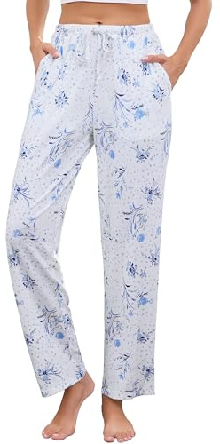 Vlazom Pantalones de Pijama para Mujer con Bolsillos y Cordón, Estampado Floral, Pierna Ancha Larga, Pantalones de Lounge Elásticos(S,Patrón)
