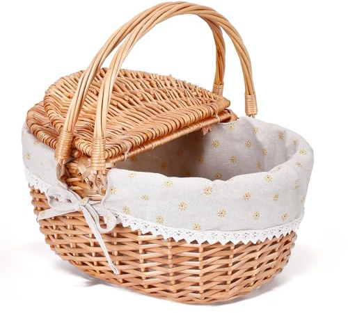 Panier de Pique-Nique en Osier, Panier Pique Niques avec Couvercle à Double Ouverture et Poignée Pliable, Idéal pour Les Pique-Niques, Le Camping et la Cueillette de Fruits (Jaune/40x34x19CM)