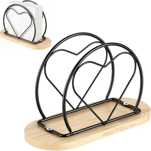 Dexpally 2 servilleteros con forma de corazón negro de metal y madera – Servilletero resistente con base de madera para cocina, mesa de comedor, cafetería y restaurante