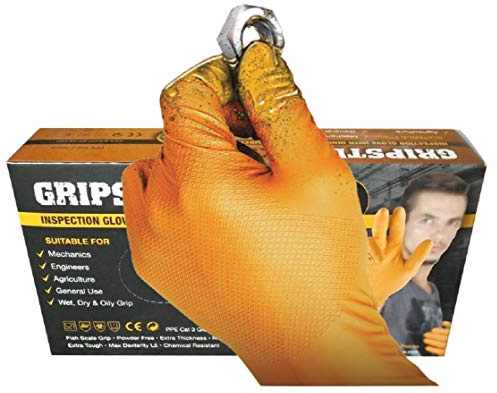 GRIPSTER SKINS Orange 6mil Nitrile Inspection Glove with Unique Fishscale Grip - Box 50 (L)