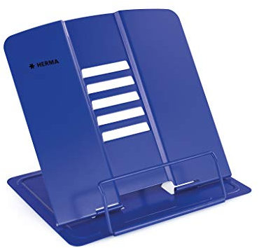 HERMA Metal Book Stand (19.8 x 22.2 x 3.3 cm Folded) Adjustable Anti-Slip Cookbook Holder for Kitchen, School and Office, Reading Rest for Kids, Blue