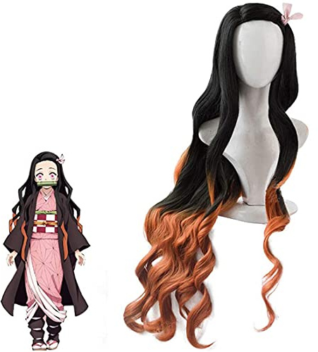 Kamado Nezuko Demon Slayer Cosplay peruk, japansk seriefigur, lång lockig svart och orange gradient