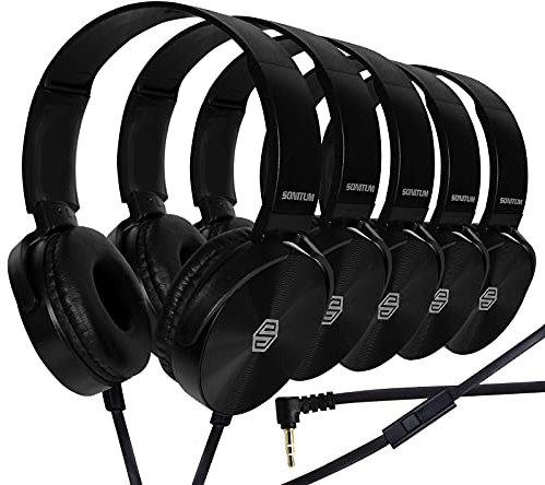 Auriculares de Aula, Paquete de 10 Unidades, cómodos Auriculares giratorios para Biblioteca, Escuela, avión, niños, para Aprendizaje en línea y Viajes, Sonido estéreo HQ Jack de 3.5 mm (Negro con